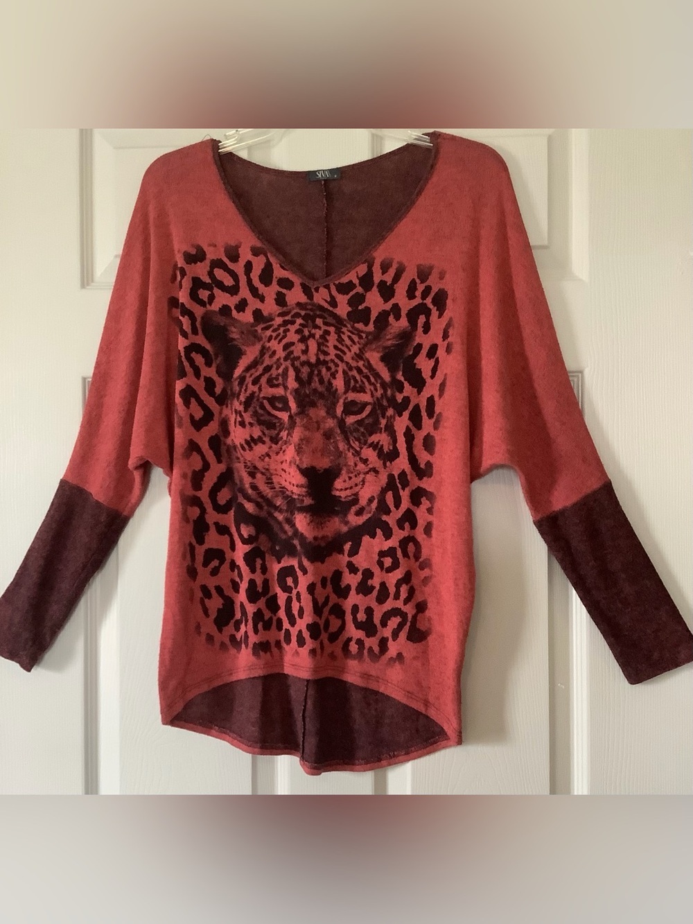 Savvy Red and Black V-Neck Sweater with Leopard Face
